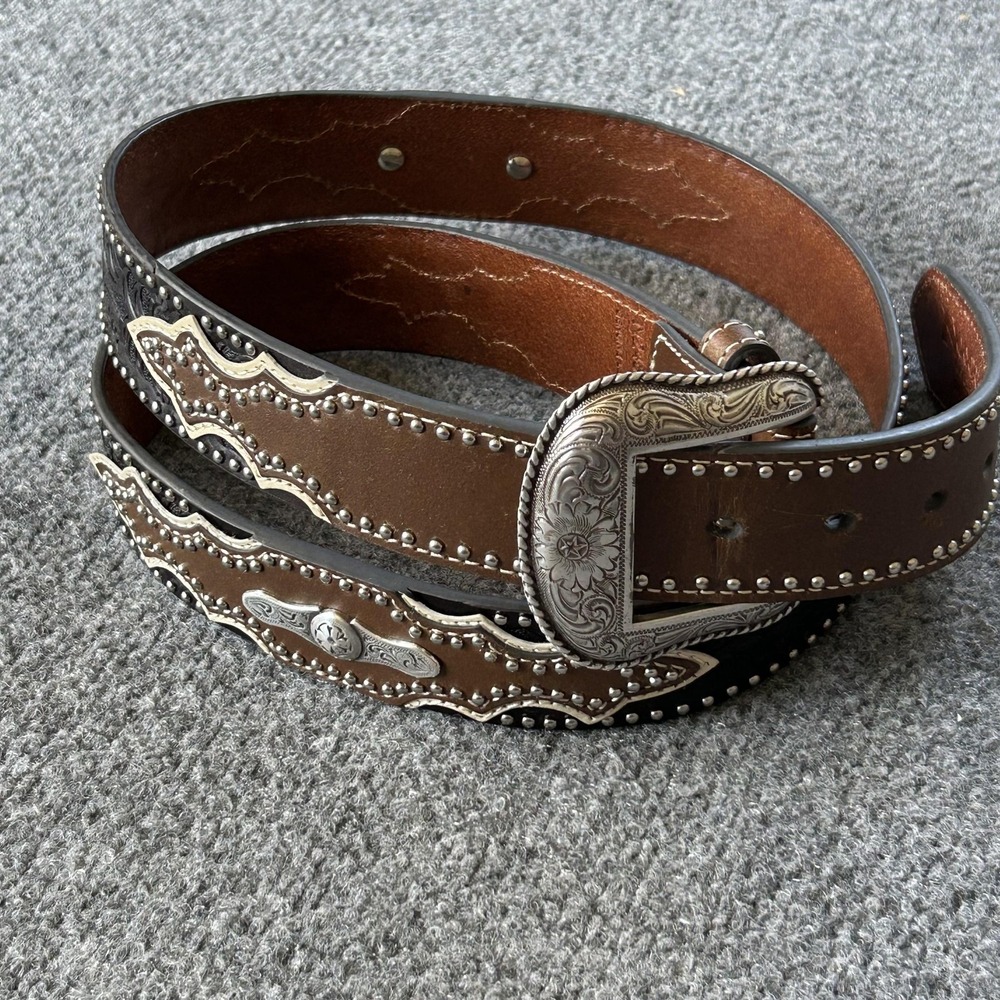 Nocona Western Belt Mens Size 42 Brown Leather Tooled Studded Buckle Cowboy